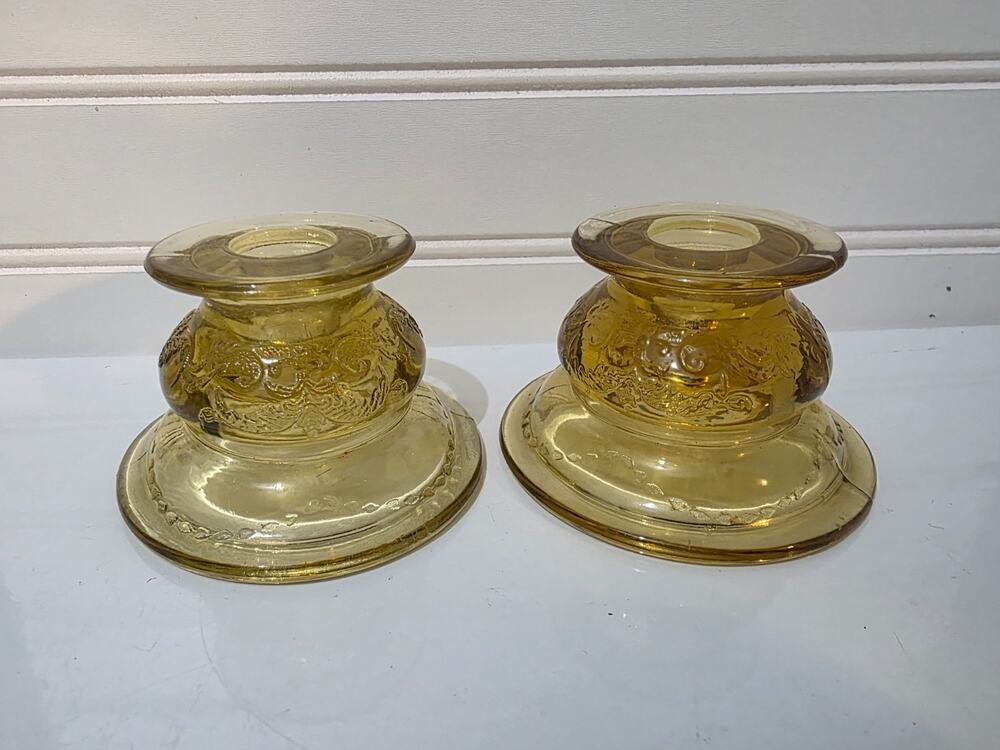 Vintage Old 2pc Amber Depression Federal Glass Madrid Candlestick Holder 3 1/2"